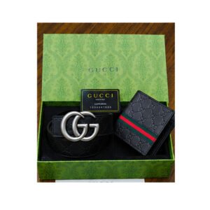 Gucci Signature Heat-Embossed Black Leather Belt & Wallet Gift Set - TS-01