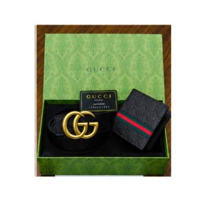 Gucci Signature Heat-Embossed Black Leather Belt & Wallet Gift Set - TS-03