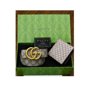Gucci Signature Heat-Embossed Black Leather Belt & Wallet Gift Set - TS-05