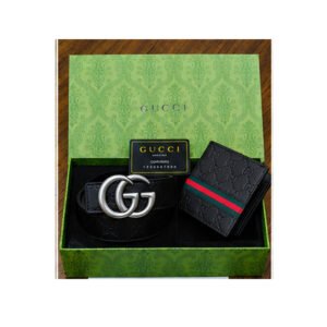 Gucci Signature Heat-Embossed Black Leather Belt & Wallet Gift Set - TS-06
