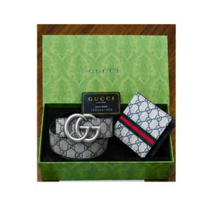 Gucci Signature Heat-Embossed Black Leather Belt & Wallet Gift Set - TS-07