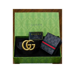 Gucci Signature Heat-Embossed Black Leather Belt & Wallet Gift Set - TS-08