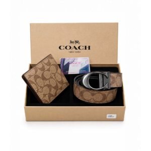 Coach Signature Coated Canvas Belt & Bifold Wallet Luxury Gift Set