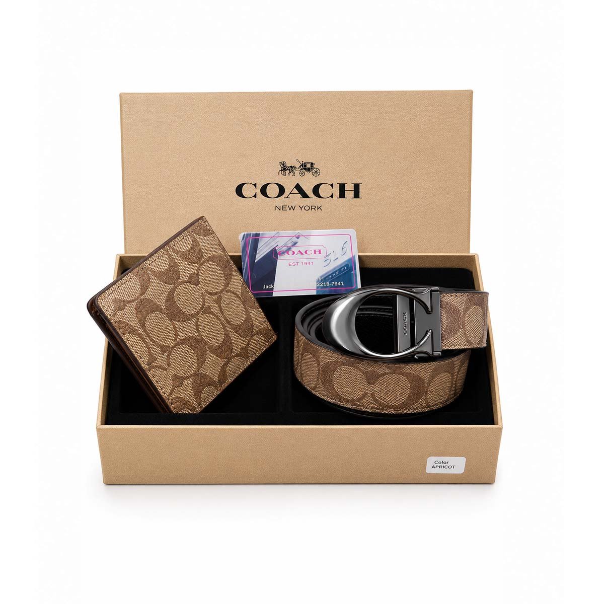 Coach Signature belt and bifold wallet gift set in light and dark brown