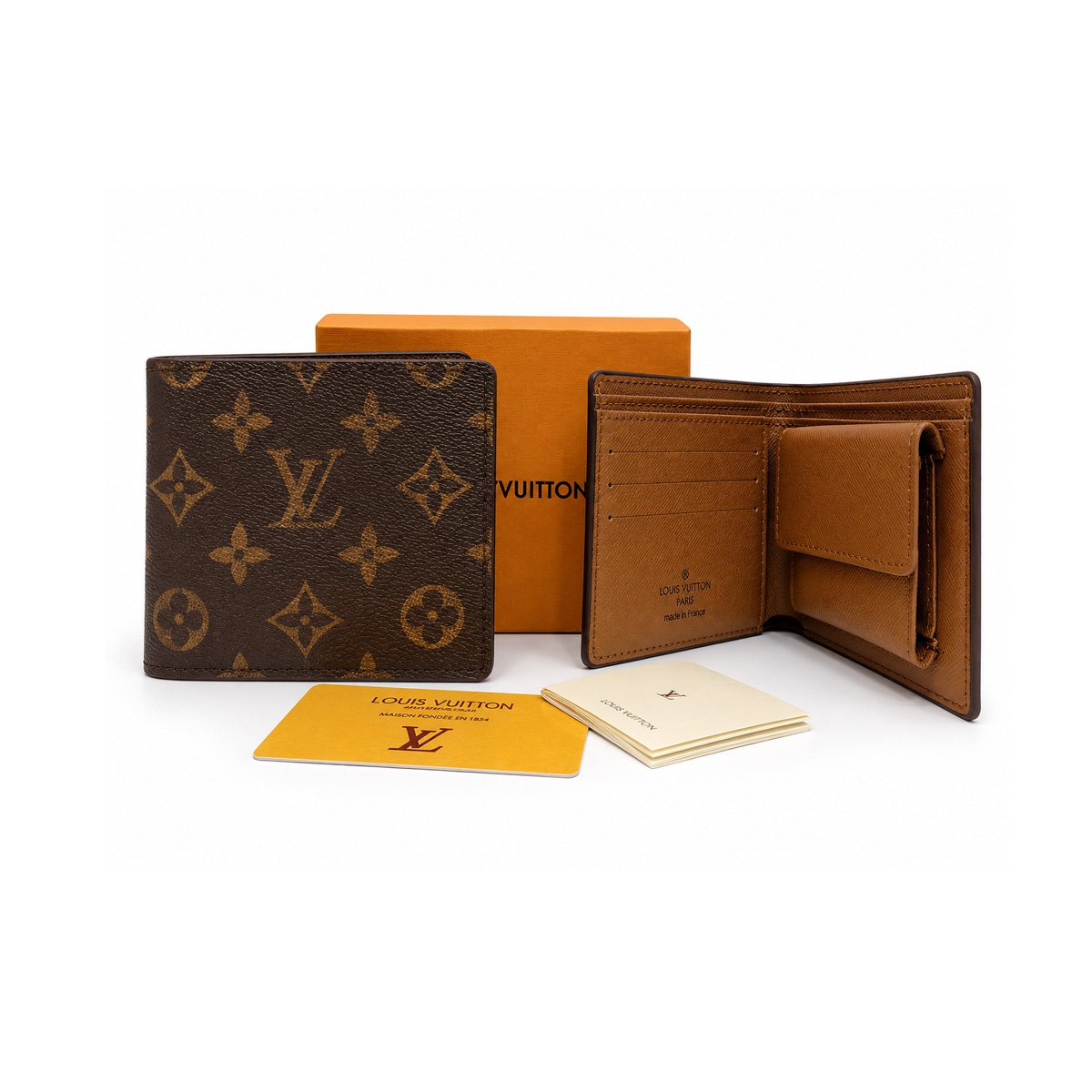 Louis Vuitton brown monogram bifold wallet with coin pocket and branded packaging
