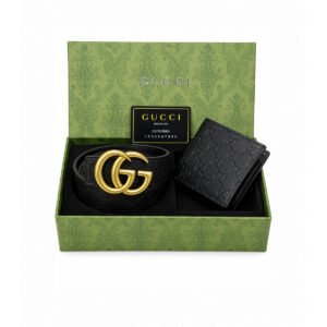 Gucci Signature Heat-Embossed Black Leather Belt & Wallet Gift Set