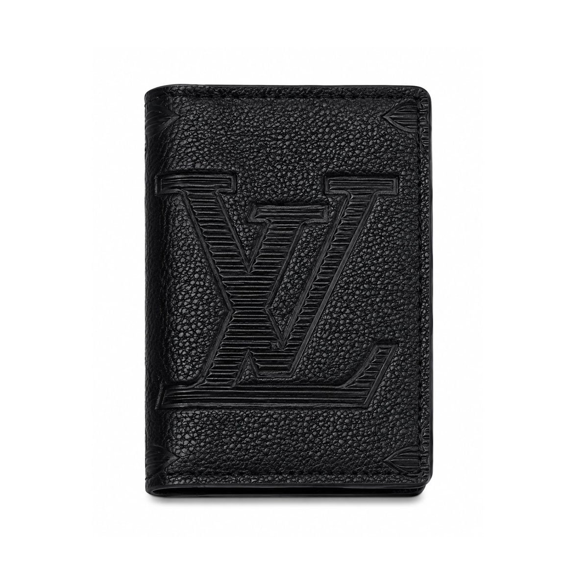 Louis Vuitton black pocket organizer wallet with oversized embossed LV logo