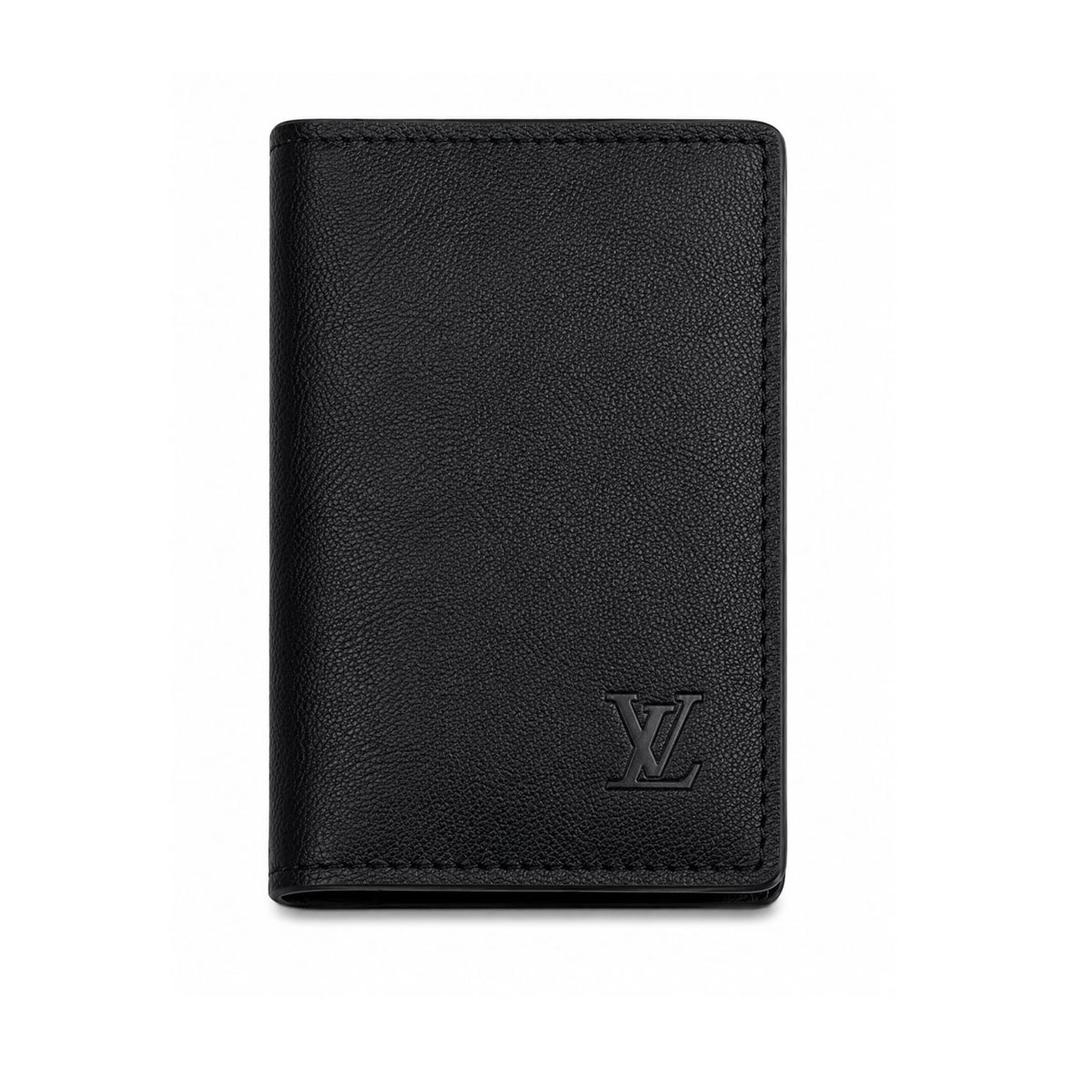 Textured Black Leather Oversized Monogram Pocket Organizer