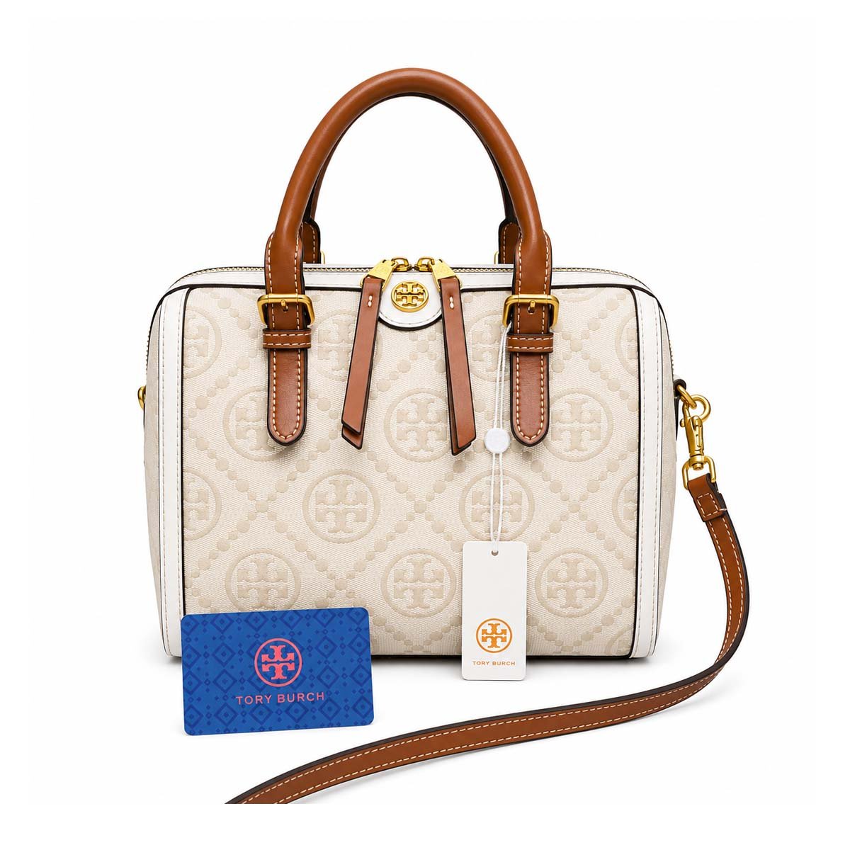 Tory Burch T Monogram Ivory Canvas Small Barrel Bag