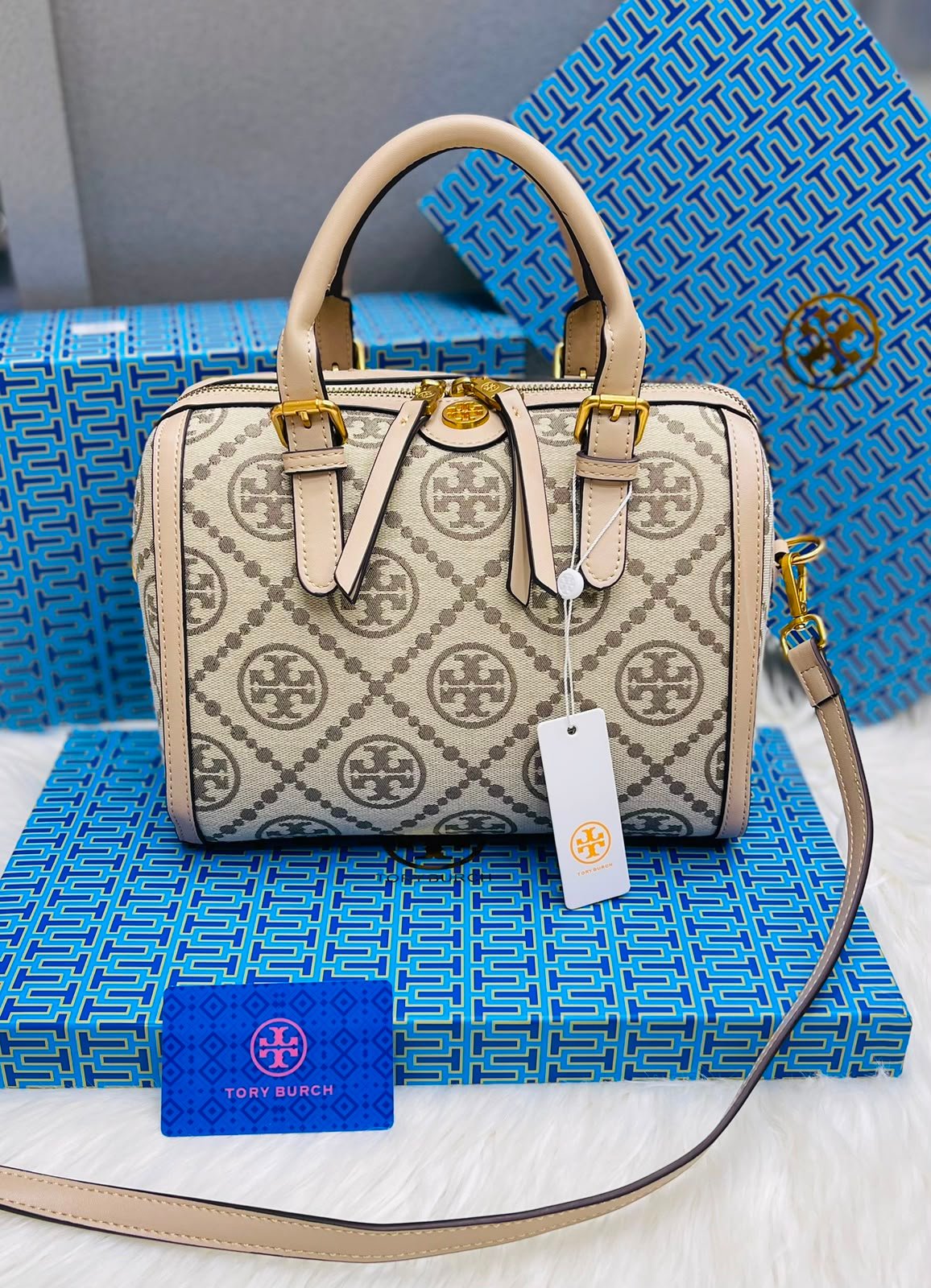 Tory Burch T Monogram Ivory Canvas Small Barrel Bag - Image 3