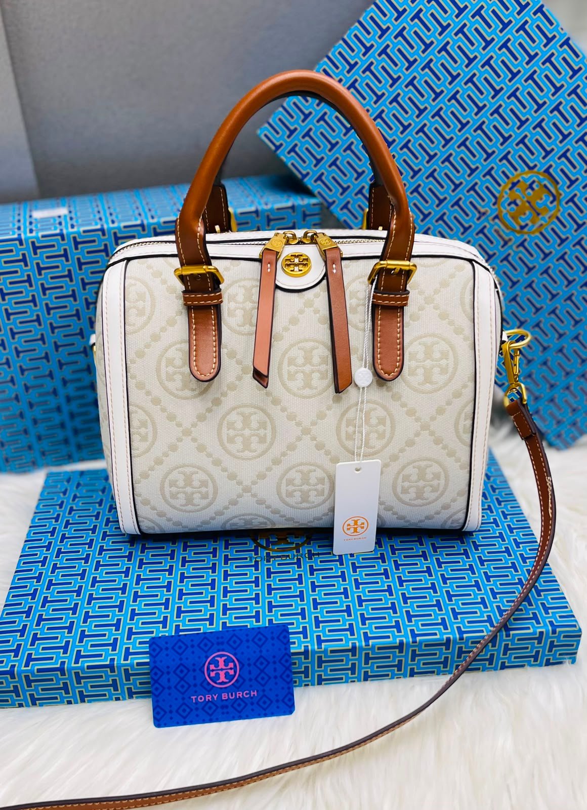 Tory Burch T Monogram Ivory Canvas Small Barrel Bag - Image 4