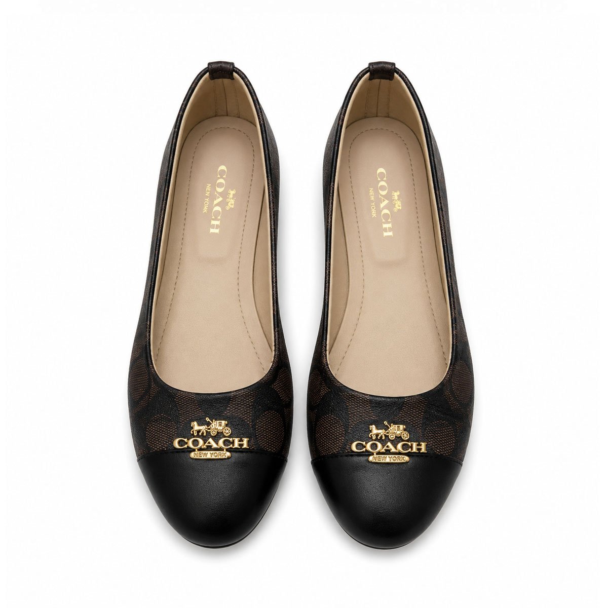 Coach Signature Canvas Cap-Toe Ballet Flats – Dark Brown / Black