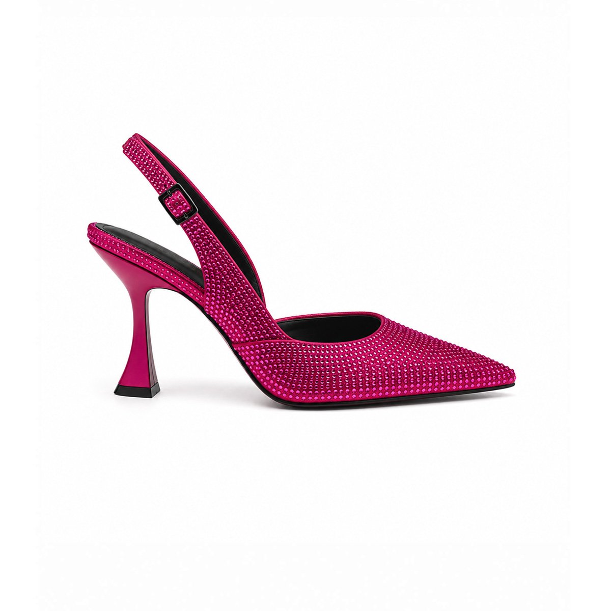 ZARA Rhinestone Embellished Pointed-Toe Slingback Flare Heel Pumps – Hot Pink