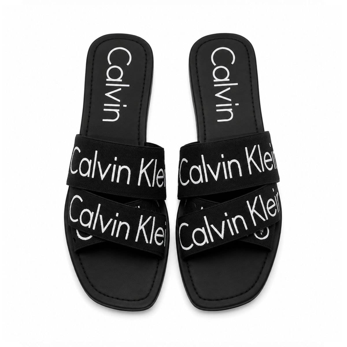 Calvin Klein Criss-Cross Logo Tape Flat Slide Sandals – Black