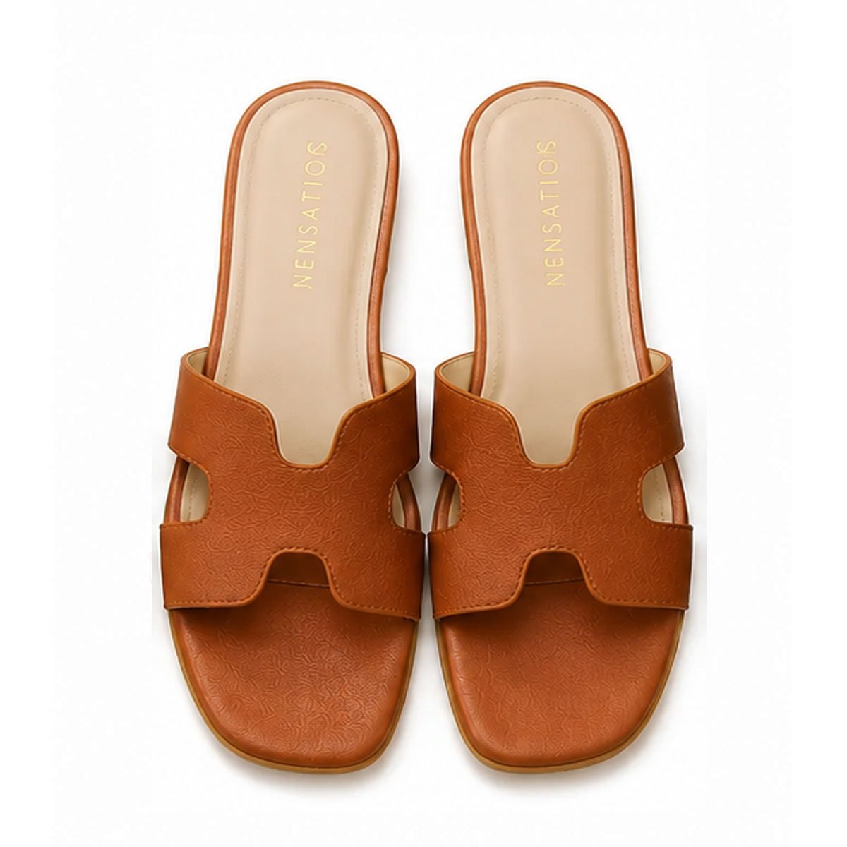 Cut-Out H-Strap Leather Flat Slide Sandals – Brown