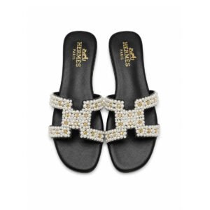 Hermès Oran Pearl-Embellished Leather Slides