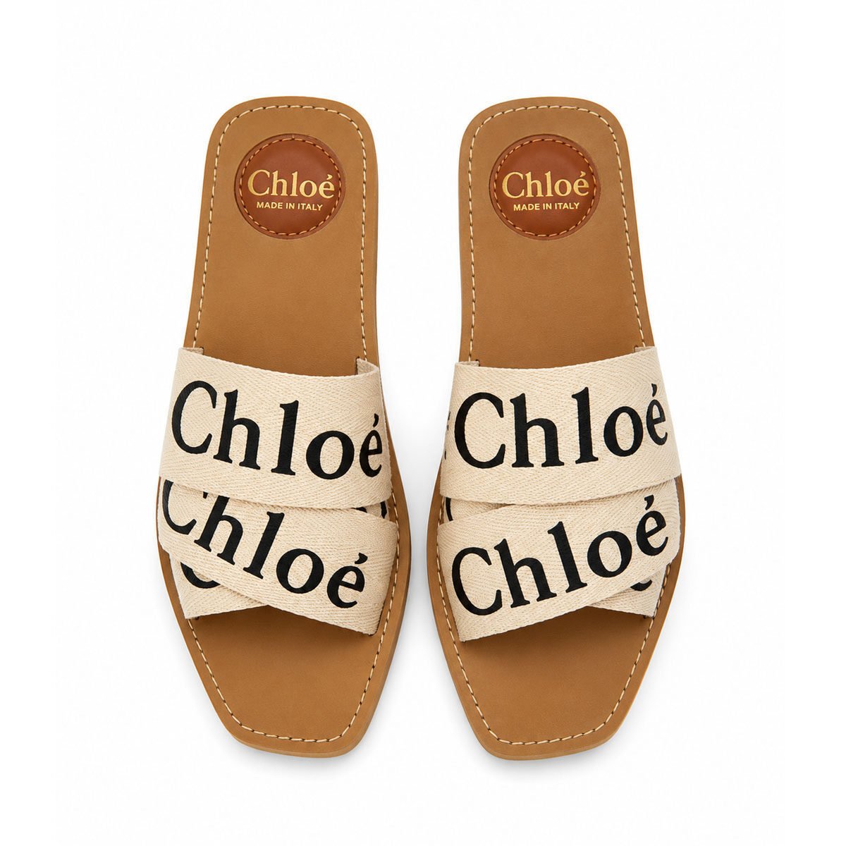 Chloé Woody Flat Canvas Slides – Beige / White