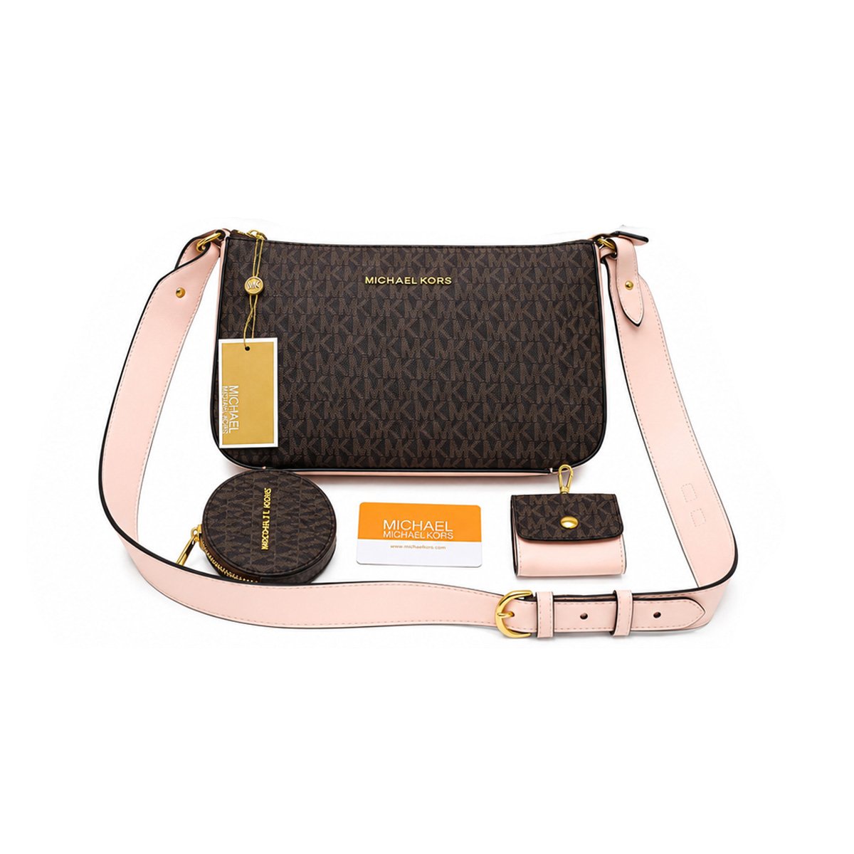 Michael Kors Jet Set Travel 3-in-1 Signature Logo Crossbody Bag – Brown & Soft Pink
