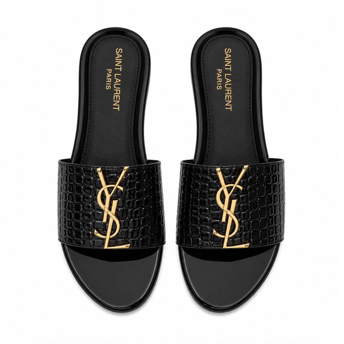 Saint Laurent Croc-Embossed YSL Leather Flat Slides