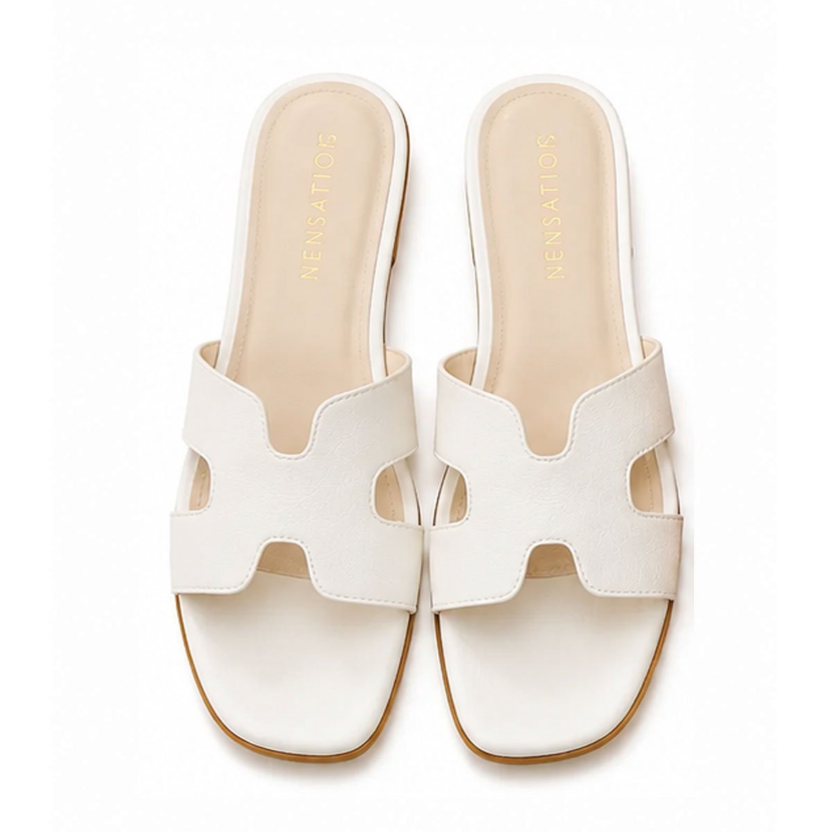Cut-Out H-Strap Leather Flat Slide Sandals – Off-White
