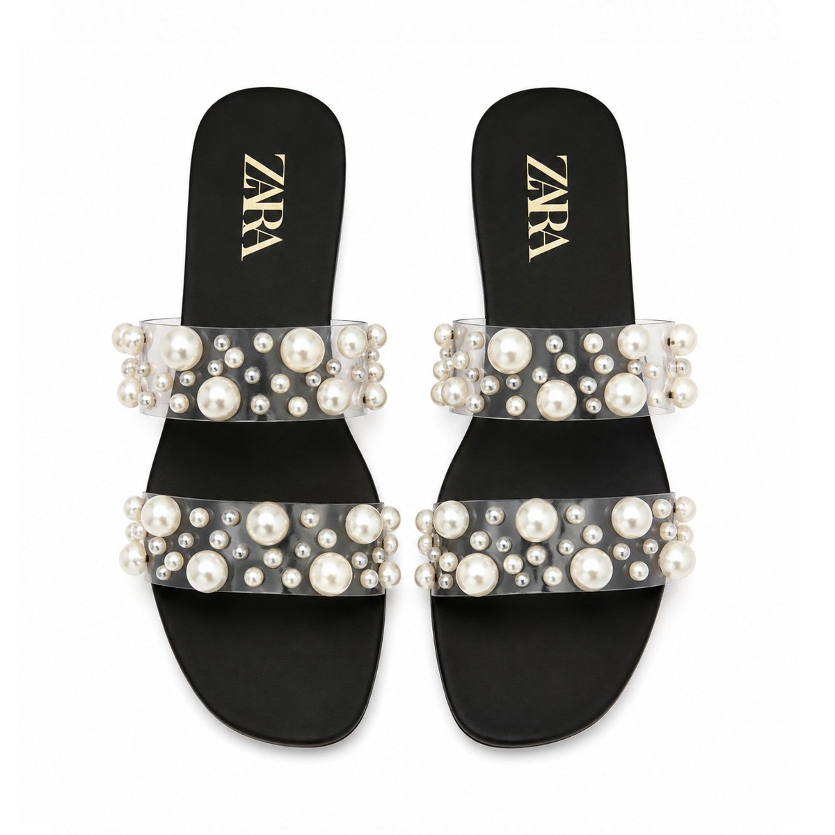 ZARA Clear Pearl Embellished Double-Strap Flat Slide Sandals – Black