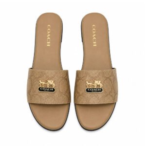 Coach Horse & Carriage Signature Canvas Flat Slides – Tan / Gold
