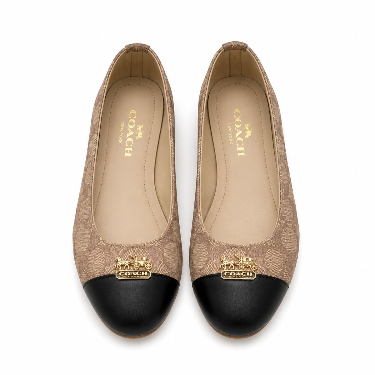 Coach Signature Canvas Cap-Toe Ballet Flats – Tan / Black