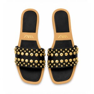 ZARA Gold Studded Leather Flat Slide Sandals – Black / Tan - 39/9