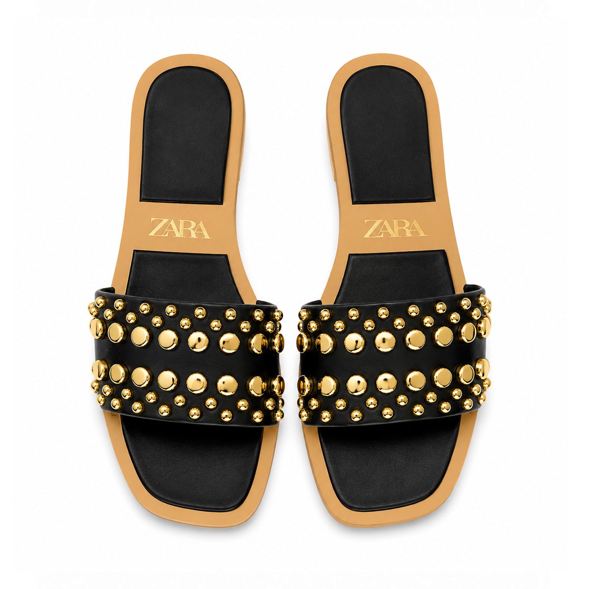 ZARA Gold Studded Leather Flat Slide Sandals – Black / Tan