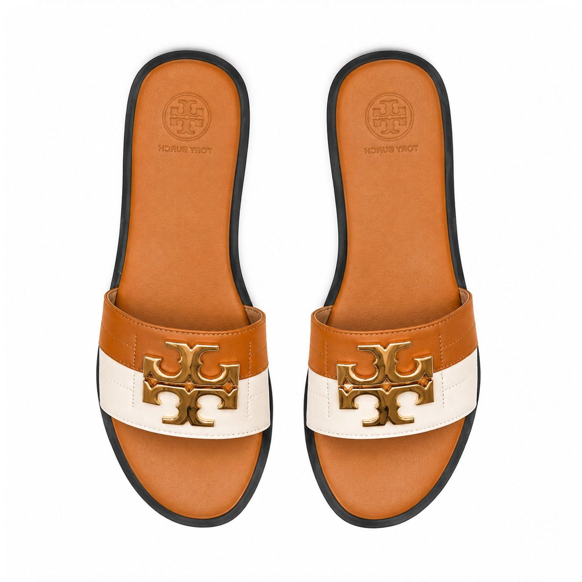 Tory Burch Two-Tone Leather Double T Flat Slides