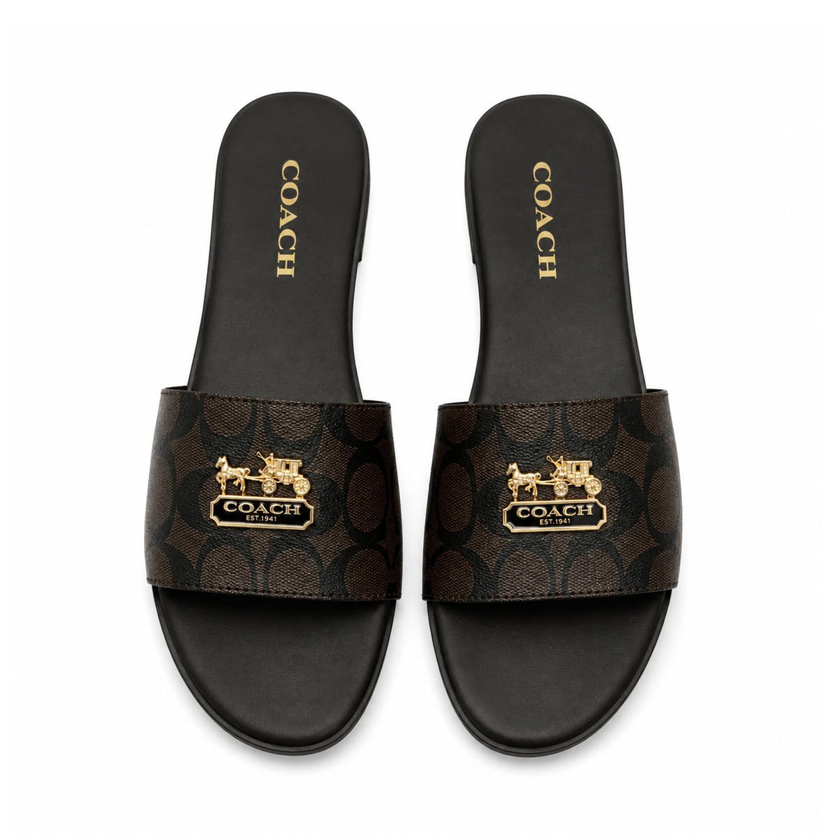 Coach Horse & Carriage Signature Canvas Flat Slides – Dark Brown / Gold