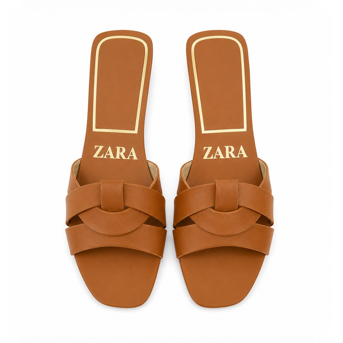 ZARA Interlocking Cutout Strap Flat Slide Sandals – Tan