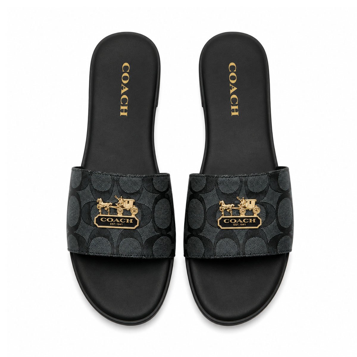 Coach Horse & Carriage Signature Canvas Flat Slides – Charcoal / Black