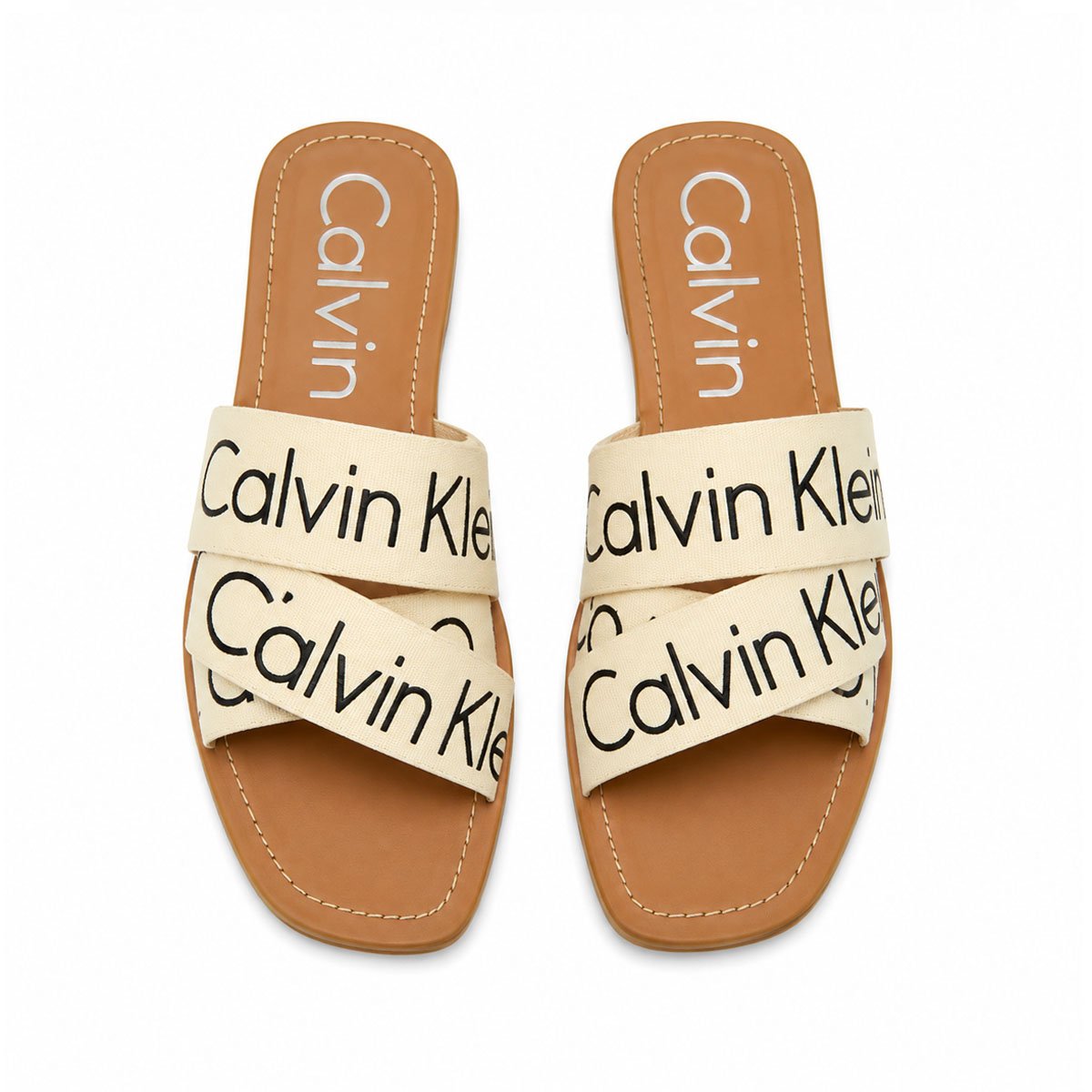 Calvin Klein Criss-Cross Logo Slide Sandals – Cream / Beige