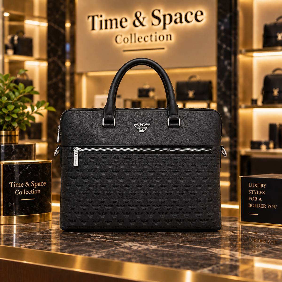 Emporio Armani Embossed Logo Leather Laptop Briefcase - Image 2