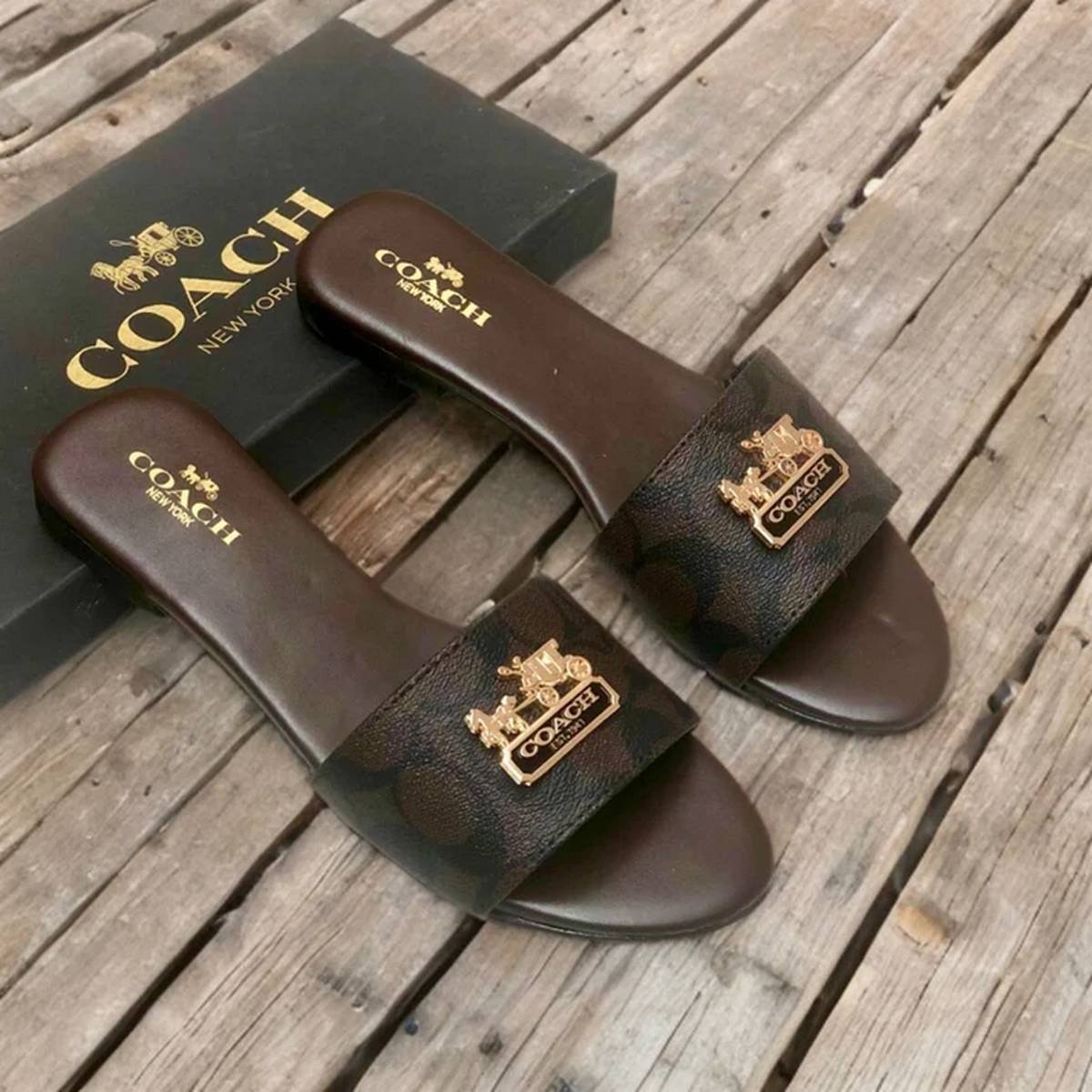 Coach Horse & Carriage Signature Canvas Flat Slides – Dark Brown / Gold - Image 2