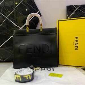FENDI Sunshine Roma Leather Shopper Tote Bag - Black