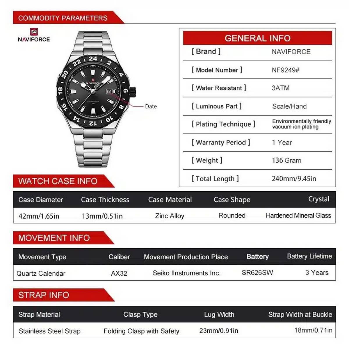 Naviforce Dual-Time GMT Style Stainless Steel Quartz Men's Watch - Image 10