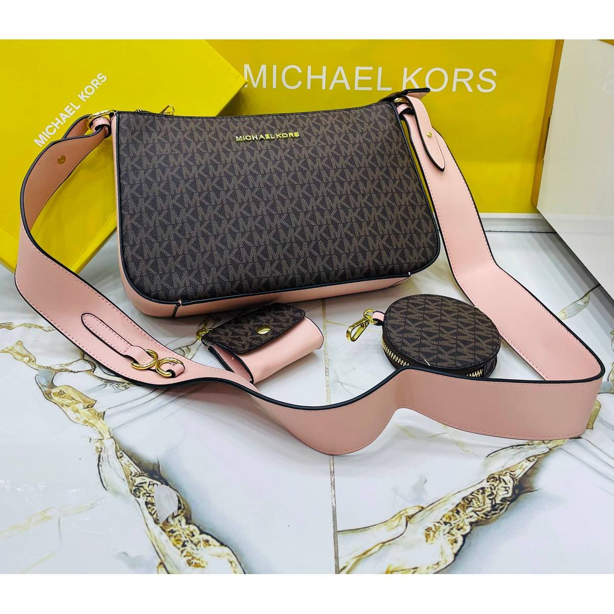 Michael Kors Jet Set Travel 3-in-1 Signature Logo Crossbody Bag – Brown & Soft Pink - Image 2