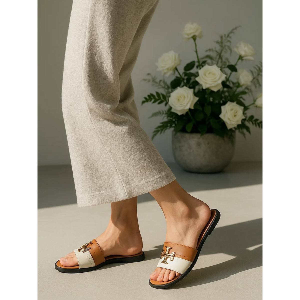 Tory Burch Two-Tone Leather Double T Flat Slides - Image 2