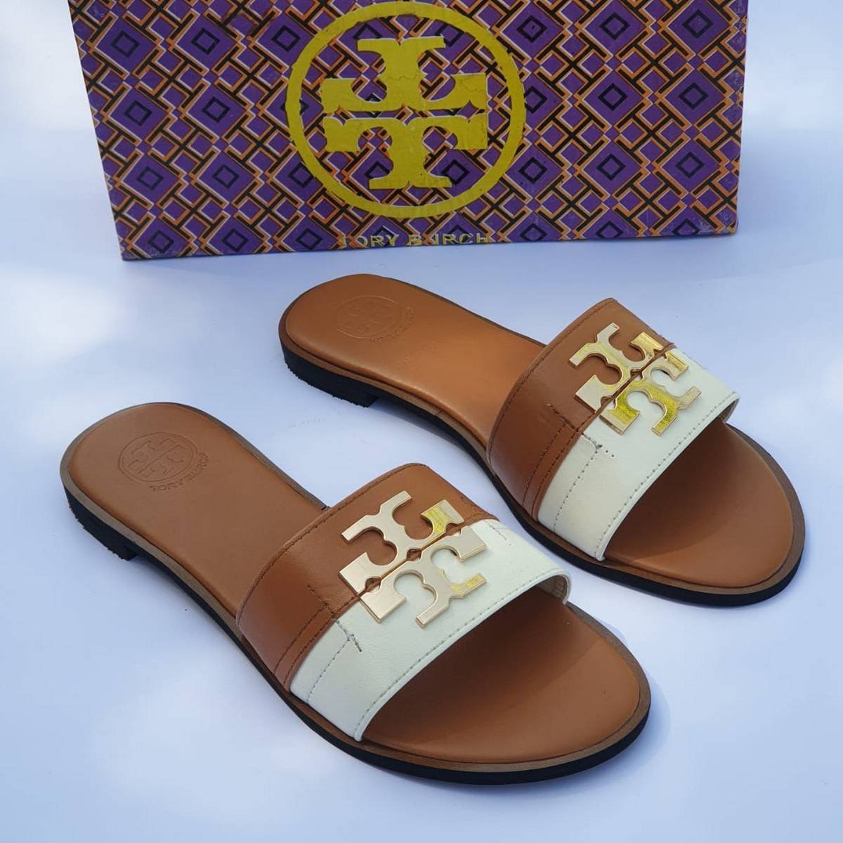 Tory Burch Two-Tone Leather Double T Flat Slides - Image 4