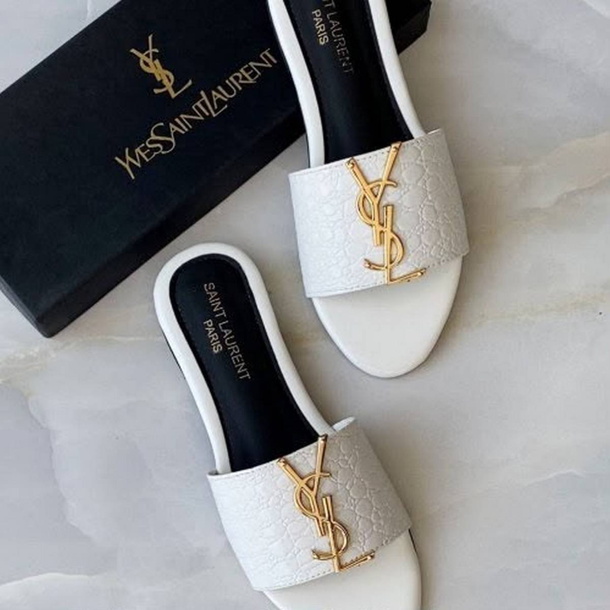 Saint Laurent Textured Leather YSL Flat Slides - Image 3