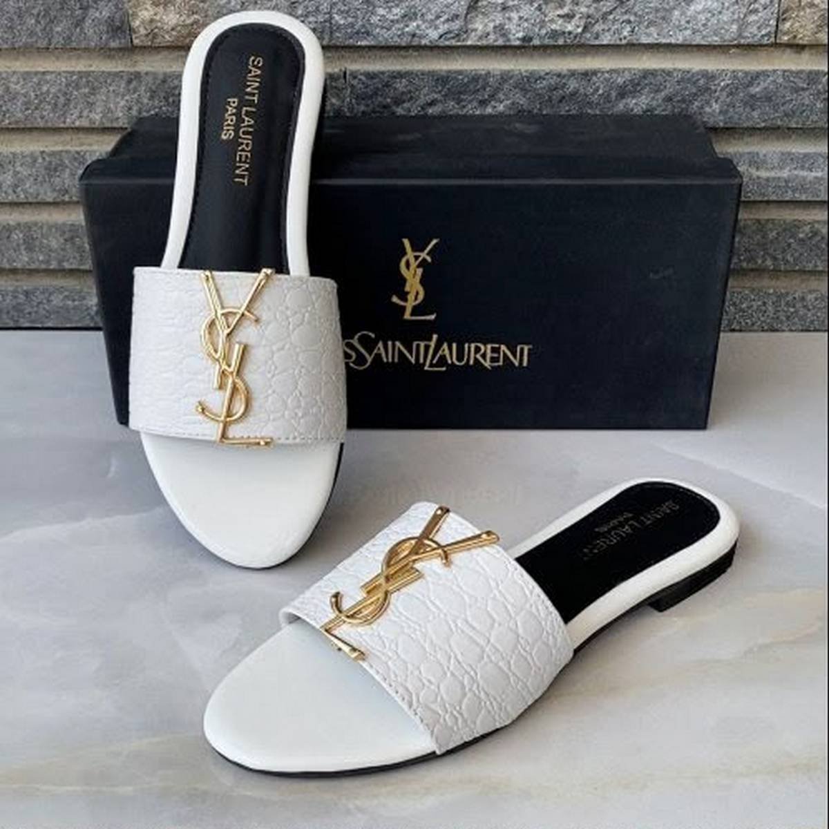 Saint Laurent Textured Leather YSL Flat Slides - Image 2