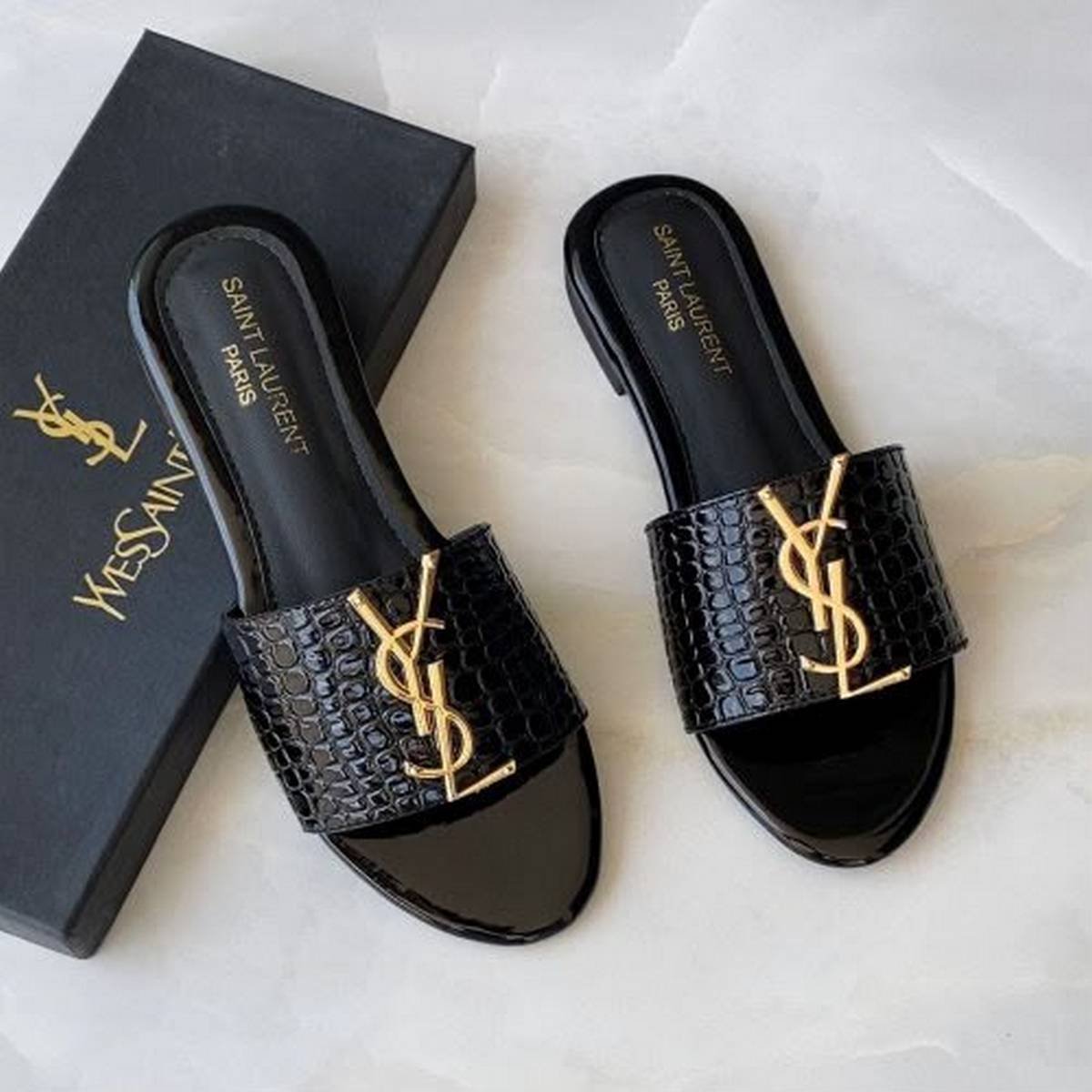 Saint Laurent Croc-Embossed YSL Leather Flat Slides - Image 2