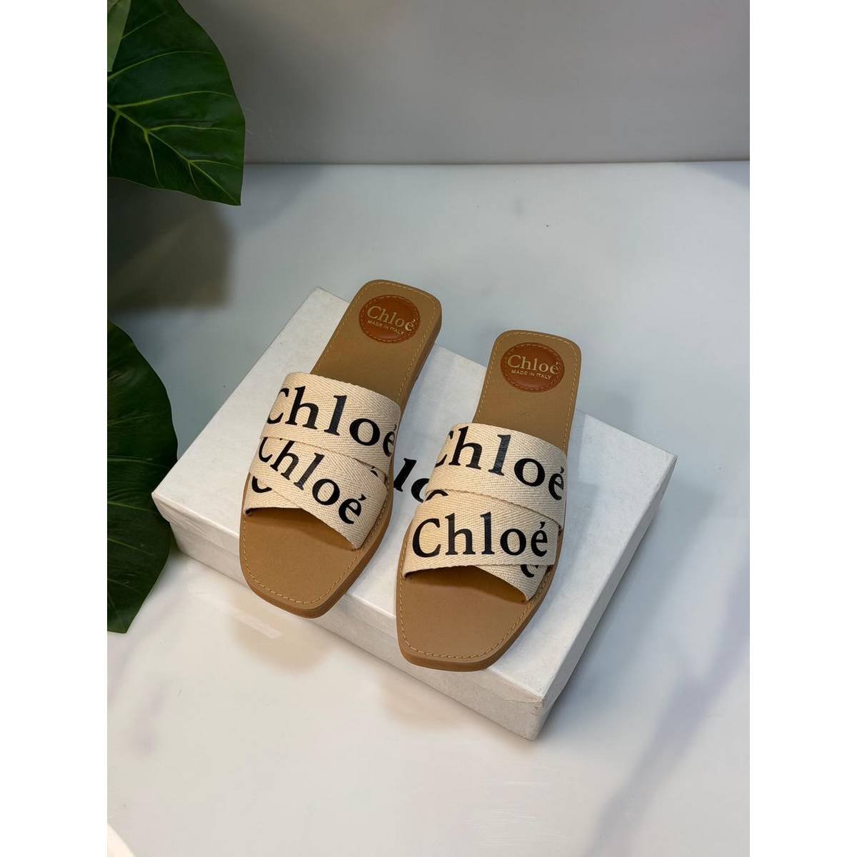 Chloé Woody Flat Canvas Slides – Beige / White - Image 2