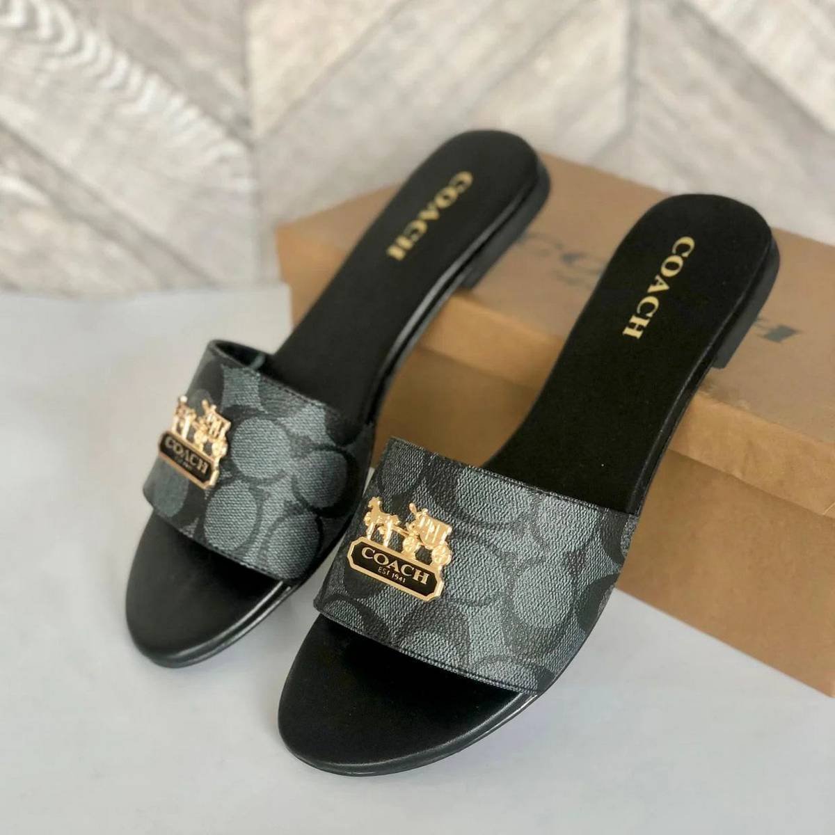 Coach Horse & Carriage Signature Canvas Flat Slides – Charcoal / Black - Image 3