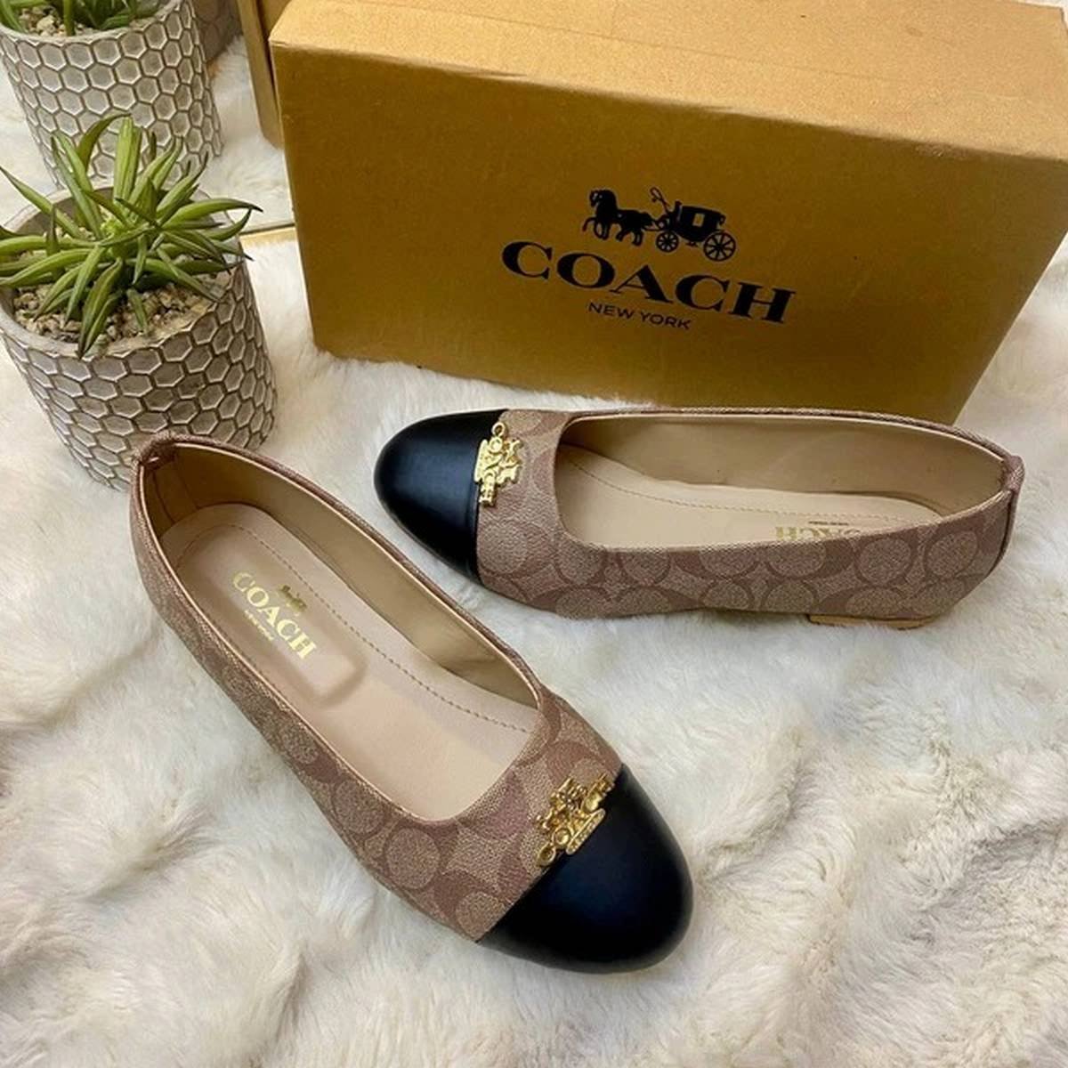 Coach Signature Canvas Cap-Toe Ballet Flats – Tan / Black - Image 3