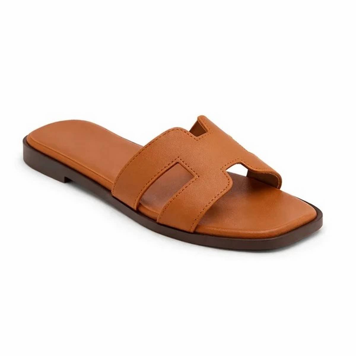 Cut-Out H-Strap Leather Flat Slide Sandals – Brown - Image 2