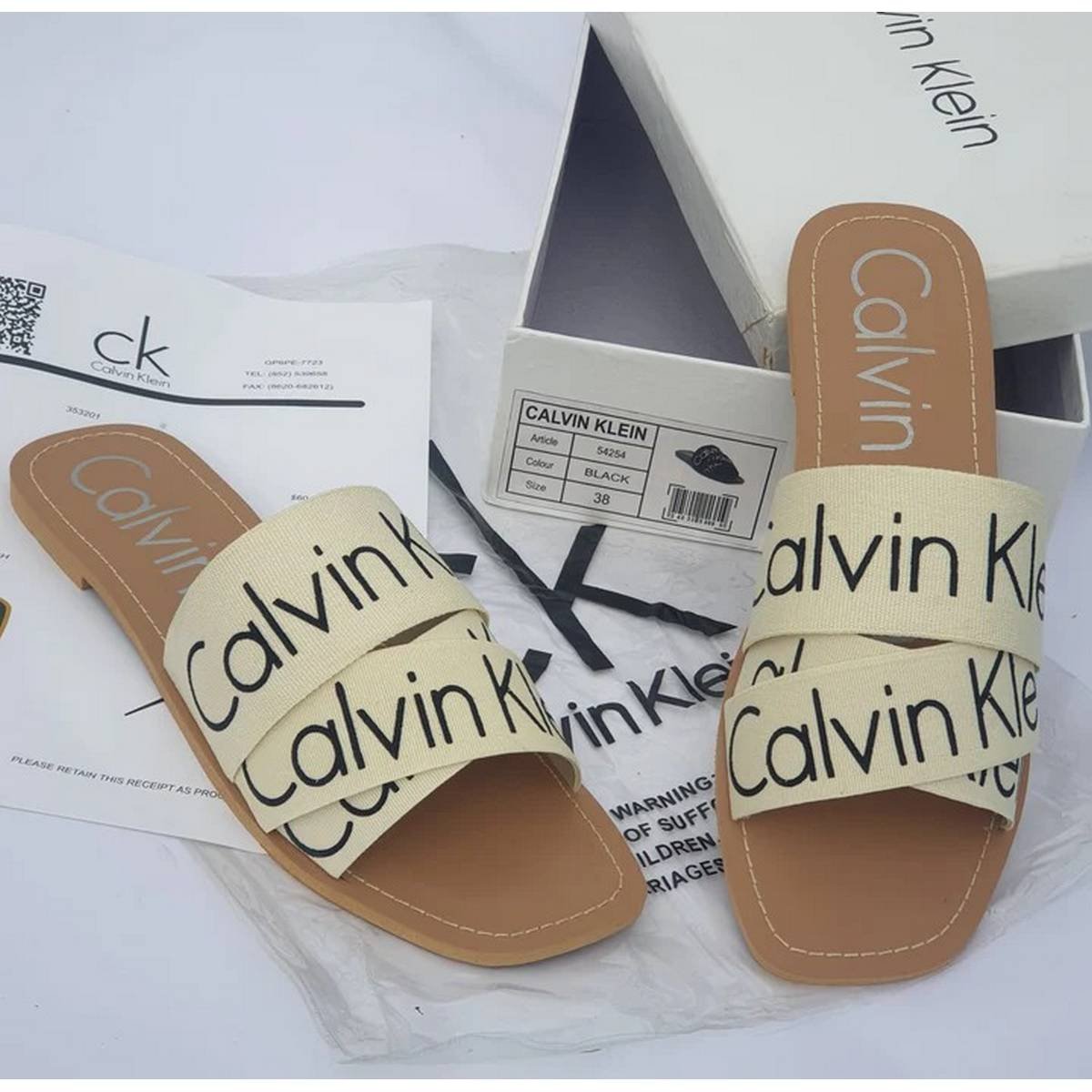 Calvin Klein Criss-Cross Logo Slide Sandals – Cream / Beige - Image 3