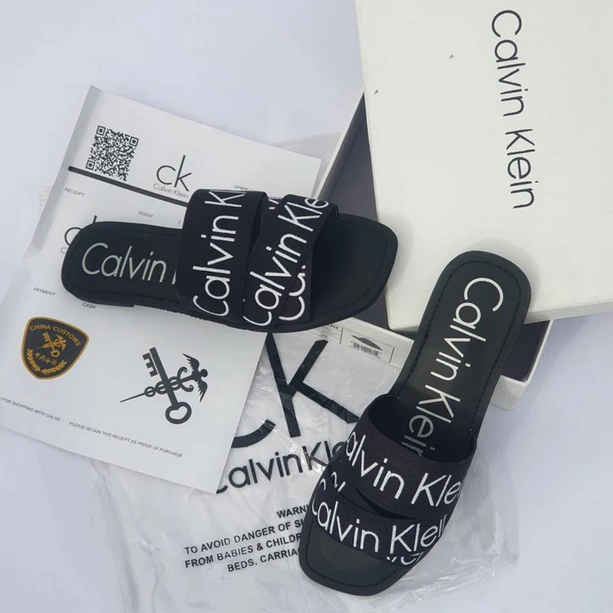 Calvin Klein Criss-Cross Logo Tape Flat Slide Sandals – Black - Image 2